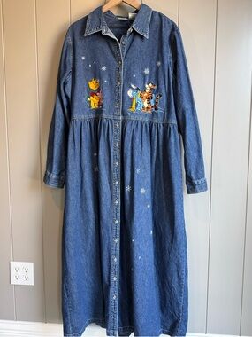 VTG 90s DISNEY CATALOG XL Denim Winnie The Pooh Tigger Maxi Dress Snowflake